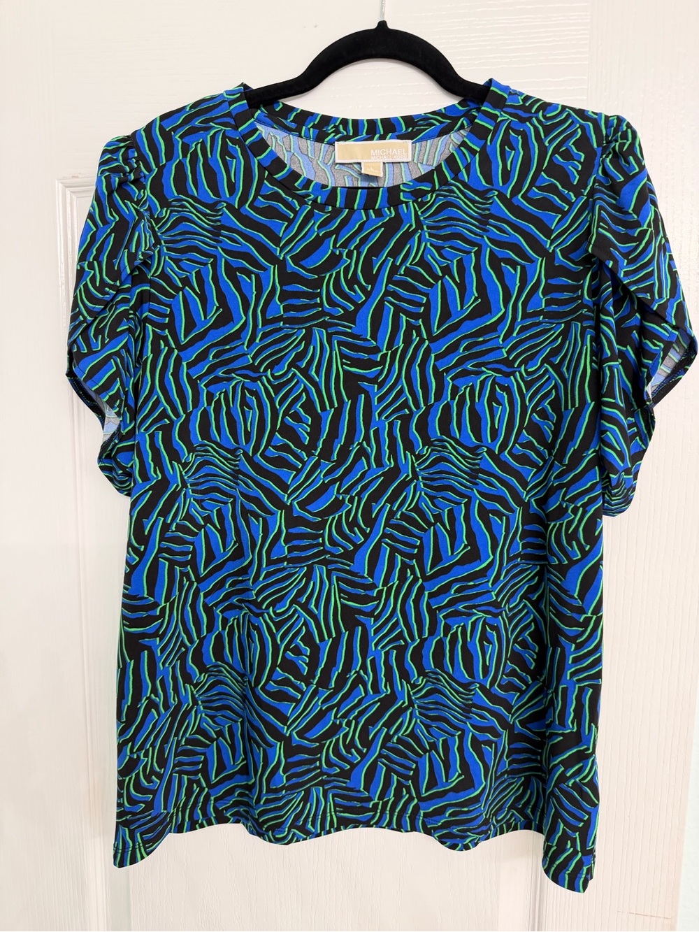 MICHAEL Michael Kors Blue and Green Abstract Short Sleeve Top